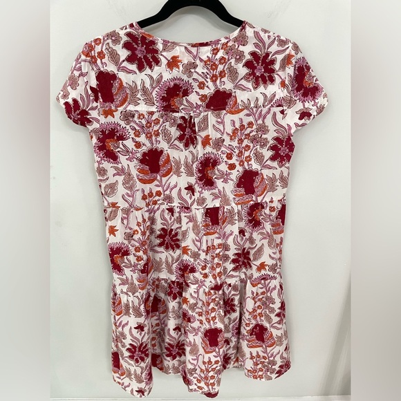 Fitzroy & Willa Popover V Neck Tiered Mini Dress XS Cotton Red Pink Floral  18 - Picture 3 of 5